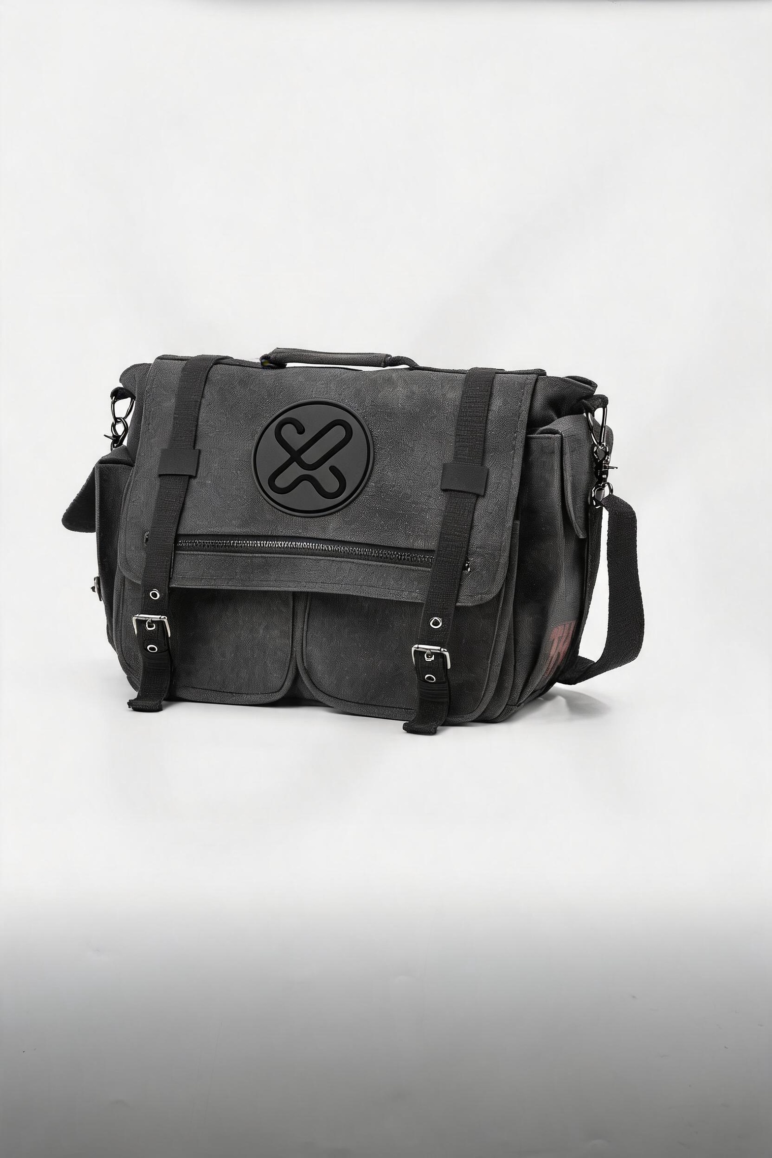 Black branded messenger backpack sample with logo patch